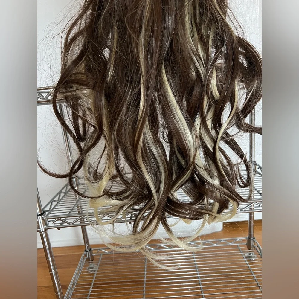 long wavy wig Brown Highlights Blonde wz Beige Baseball Cap Adjustable 2 in 1